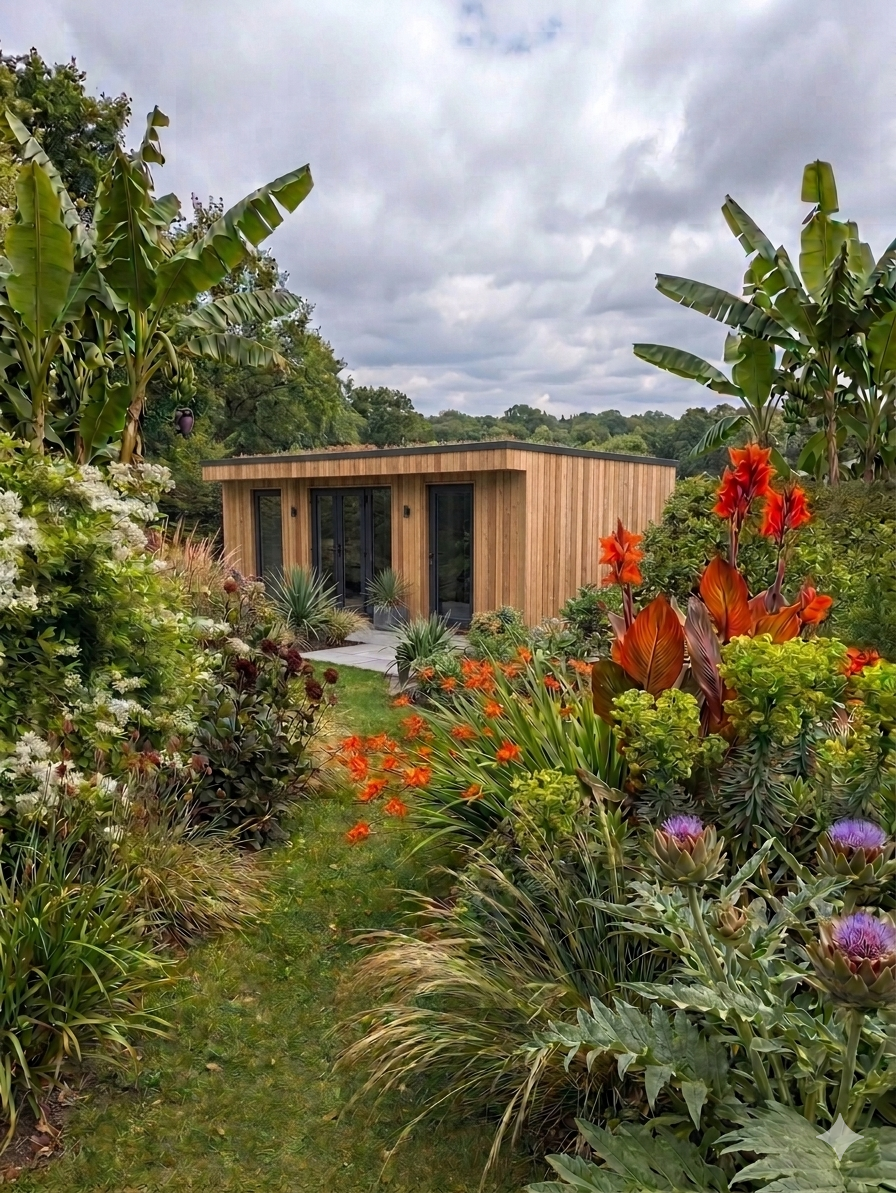 Contemporary timber garden room set within a lush tropical-style planted garden