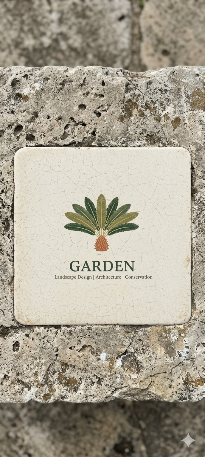 GARDEN brand tile set on weathered stone